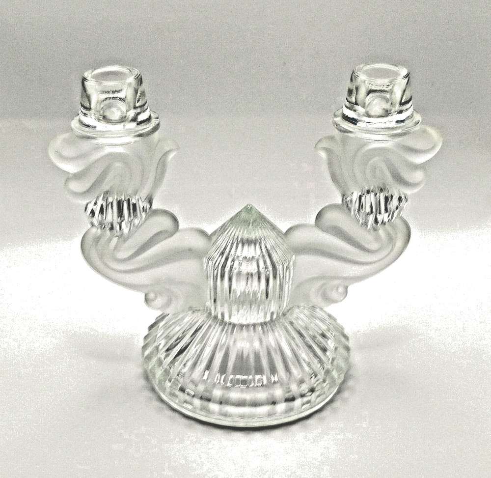 Unmarked Glass Candle Holder, Clear/White Double Taper, Decorative